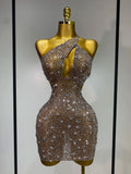 Women Sexy Mesh See Through One Shoulder Luxury Rhinestones Stage Costume Singer Dancer Nightclub Evening Party Birthday Dresses Light Brown