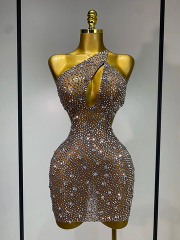 Women Sexy Mesh See Through One Shoulder Luxury Rhinestones Stage Costume Singer Dancer Nightclub Evening Party Birthday Dresses Light Brown