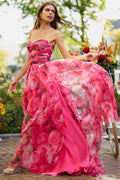 Floral Print Prom Dresses A-line Organza vestidos de fiesta Strapless Side Split Sweep Train Sleeveless Formal Evening