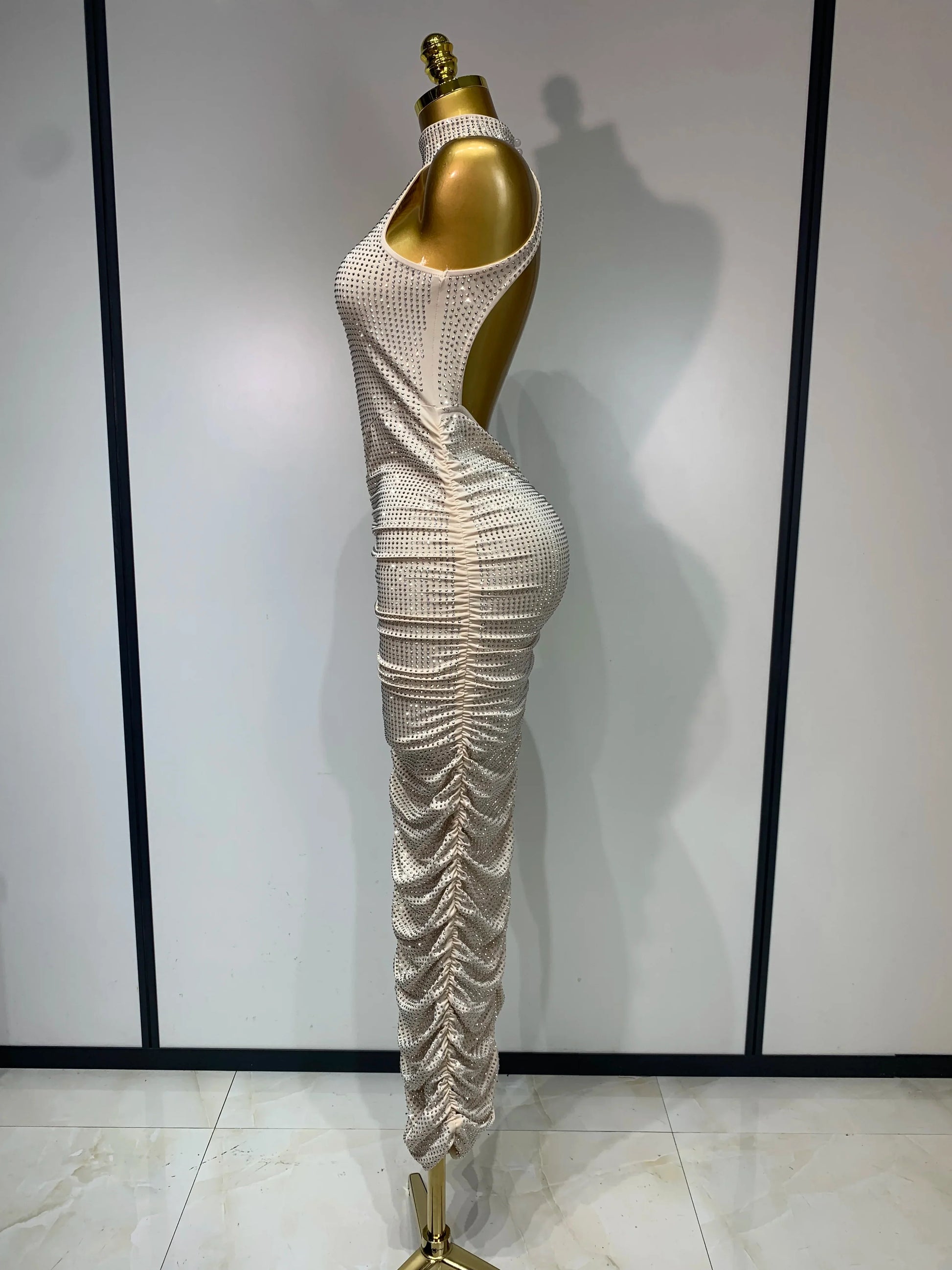 Women Sexy Backless Sleeveless Sparkly Diamonds Dress Slim Formal Elegant Celebrity Cocktail Party Luxury Birthday Gown Vestido