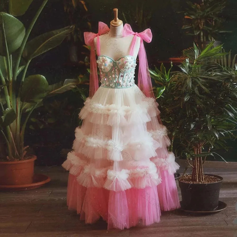 Pretty Multi-colors Long Evening Dress Tiered Tulle Colorful Straps Formal Occasion Dresses Party Prom Gown