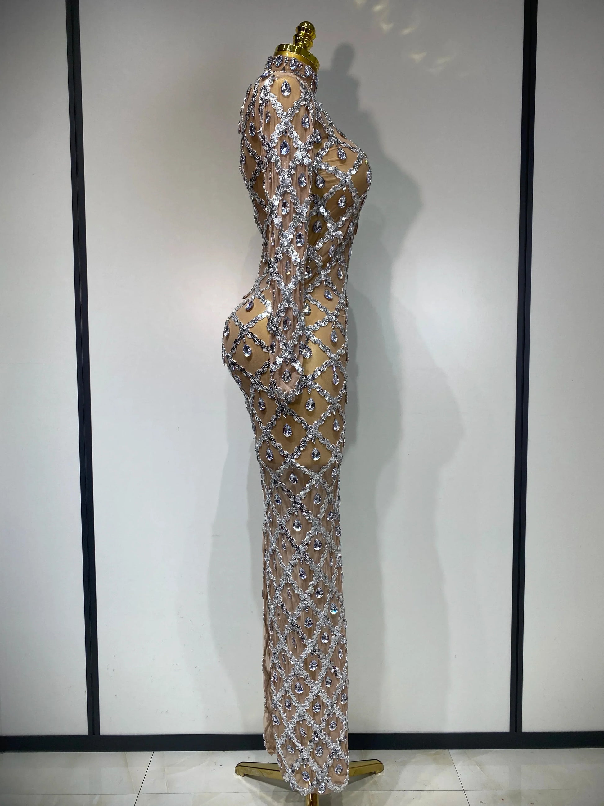 Women Sexy Luxury Birthday Dress Stage Shining Rhinestone Sequin Long Dress Evening Prom Gown Transparent Singer Club Host Dress