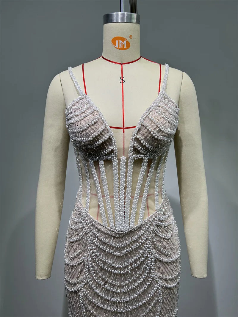 Luxury Pearl Beading Haute Couture Sexy V-Neck Floor Length Dress Woman Birthday Party Dress Wedding Party Goddess Vestido