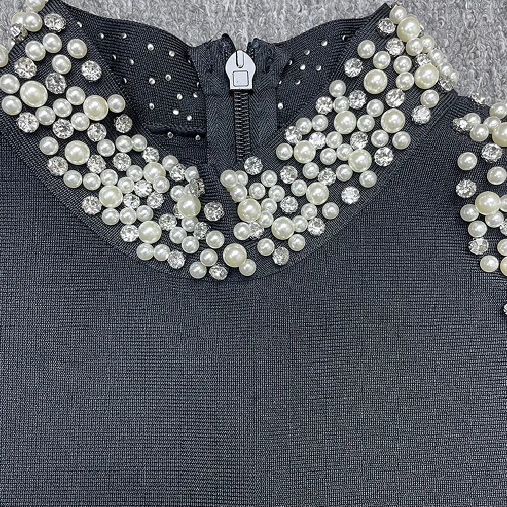 Sexy Women'S Light Luxury Crystal Pearl Design Bandage Dress O-Neck Off Shoulder Long Sleeved Bodycon Christmas Long Dress