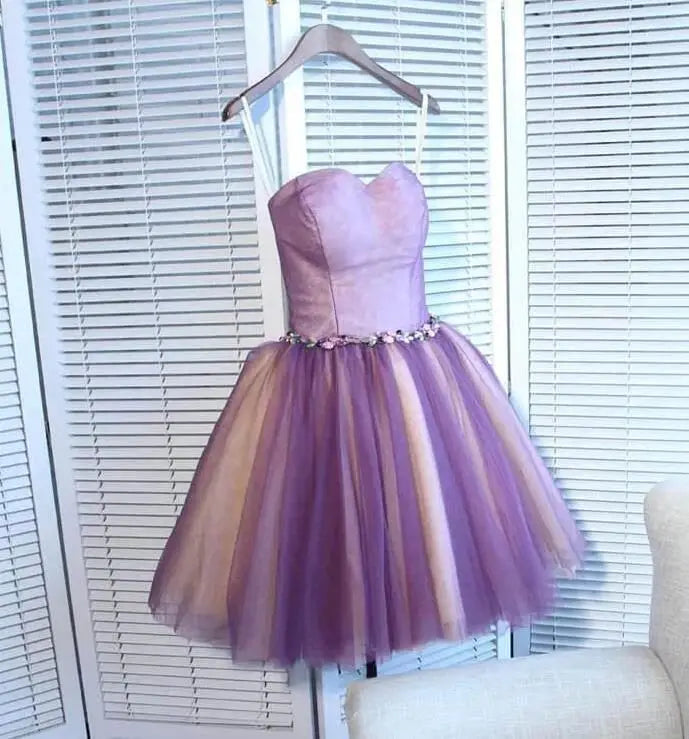 Short Prom Dresses Ball Gown Purple Champagne Contrast Color Sweetheart Tulle Formal Party Evening Gowns Women  Custom made
