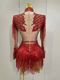 Sparkly Rhinestone Sequin Tassel Stretch Bodysuits Women Birthday Party Nightclub Dj Stage Performance Costume