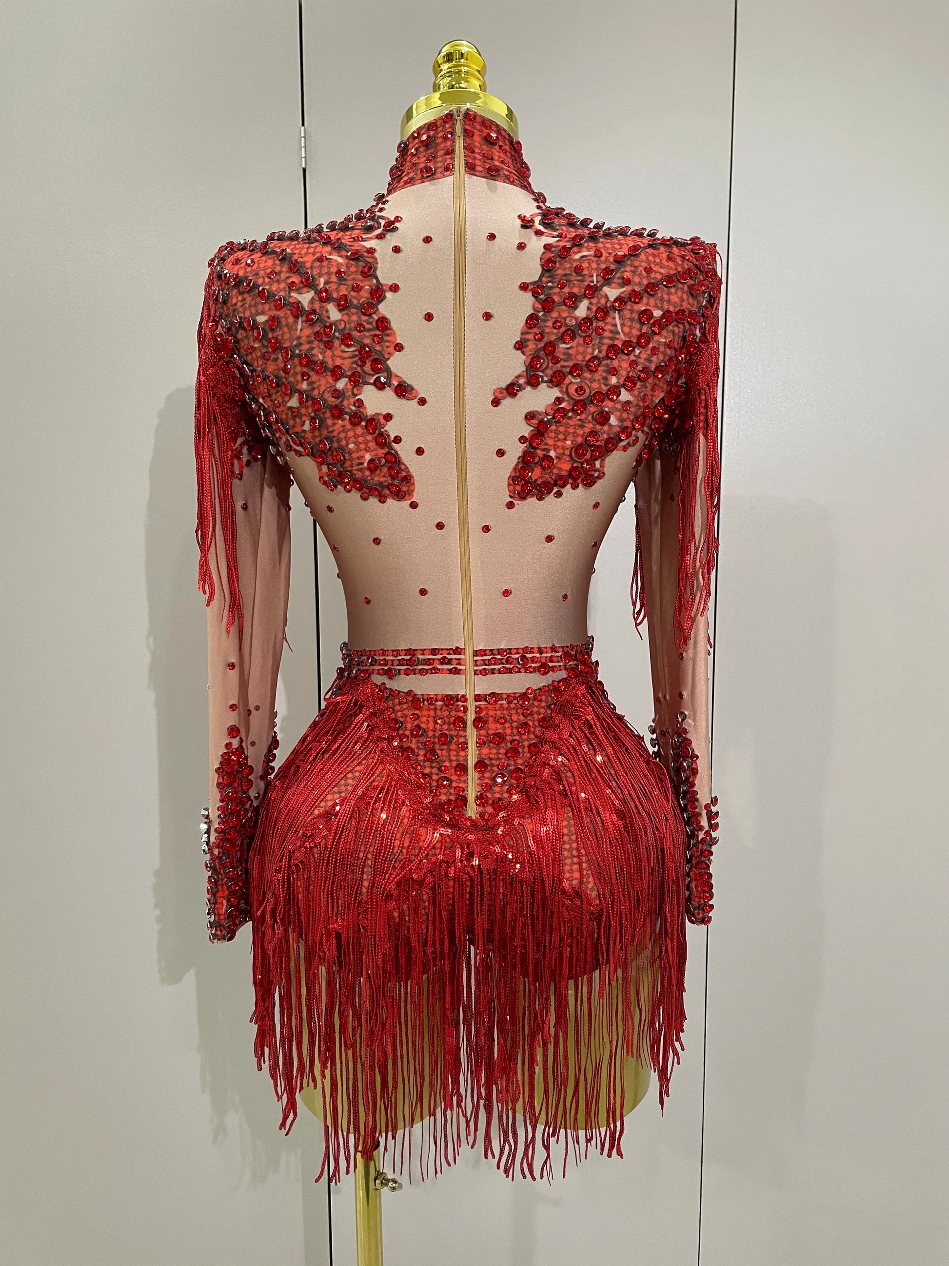 Women Sparkly Rhinestone Sequin Tassel Stretch Bodysuits Birthday Party Nightclub Dj Stage Performance Costume