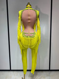 Yellow Tassel Stretch Bodycon Jumpsuit Nightclub Gogo Dance Clothing Dj Rave Outfit Nightclub Party Singer Performance Outfit