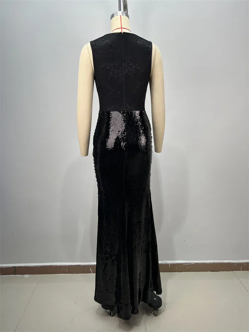 Black Lace Patchwork Sequins Sexy V-Neck Mermaid Floor Length Dress Fashion Woman Party Dress Celebrity banquet Outfit