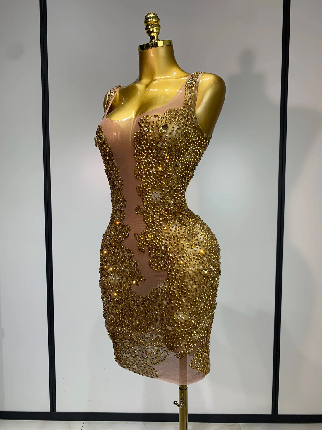 Women Sexy Stage Perform Outfit Club Gown Shining Gold Rhinestones Elegant Mesh Dress Birthday Evening Party Photoshoot Costume Gold