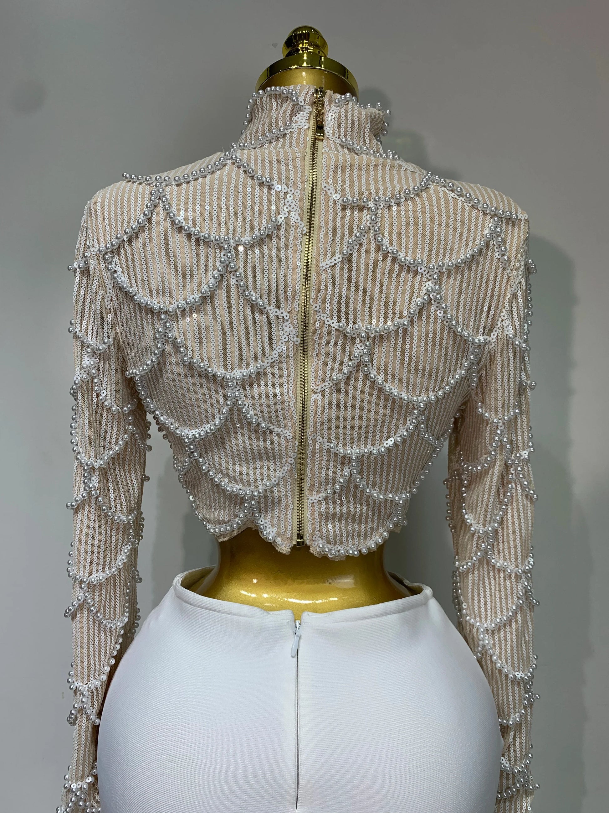 Women Long Sleeve Sexy Beading Tops Two Pieces Set Bodycon Long Bandage Dress Luxury Birthday Evening Party Wedding Guest Gowns