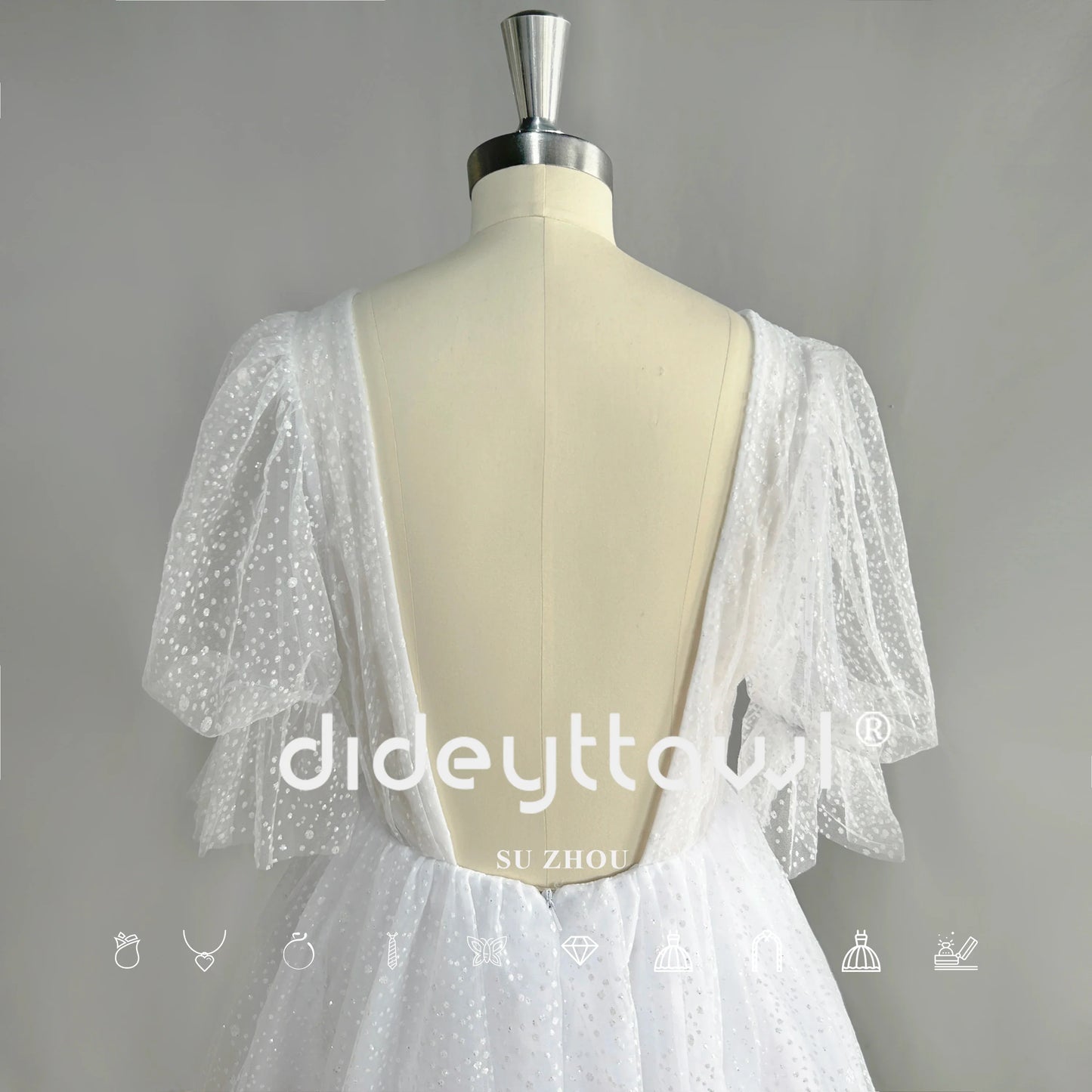 Mini vestido de novia corto de tul brillante con mangas abullonadas, cuello en V, sin espalda, por encima de la rodilla, vestido de novia brillante