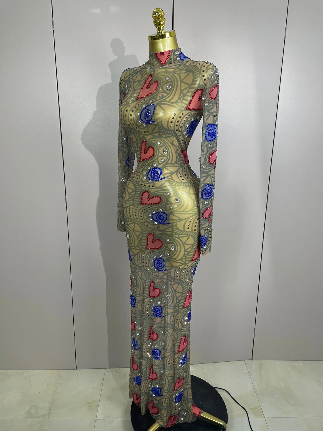 Sparkly Diamond High Neck Sexy Mesh Wrap Hip Long Dress Host Annual Meeting Party Nightclub Bar Performance Costume MULTI