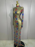 Sparkly Diamond High Neck Sexy Mesh Wrap Hip Long Dress Host Annual Meeting Party Nightclub Bar Performance Costume