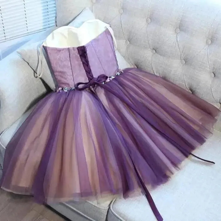 Short Prom Dresses Ball Gown Purple Champagne Contrast Color Sweetheart Tulle Formal Party Evening Gowns Women Custom made