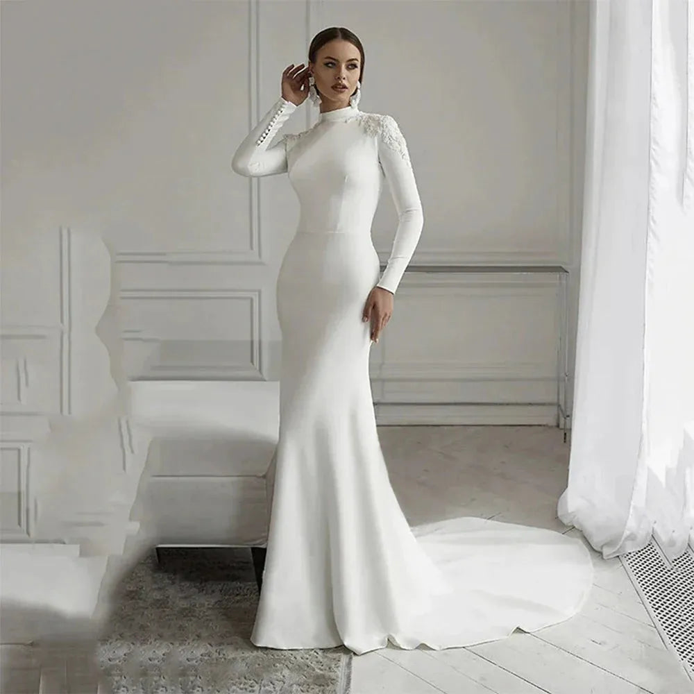Simple Fashion Bridal Dresses Long Sleeve Muslim Princess Wedding Gowns Mermaid Formal Beach Party Vestidos De Novia Robe فستان 14w