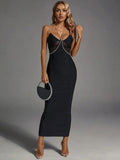 Spring Women's Water Diamond Chain Strap Sleeveless Bandage Dress Patchwork Bodycon Long Dress Evening Club Party Vestidos black