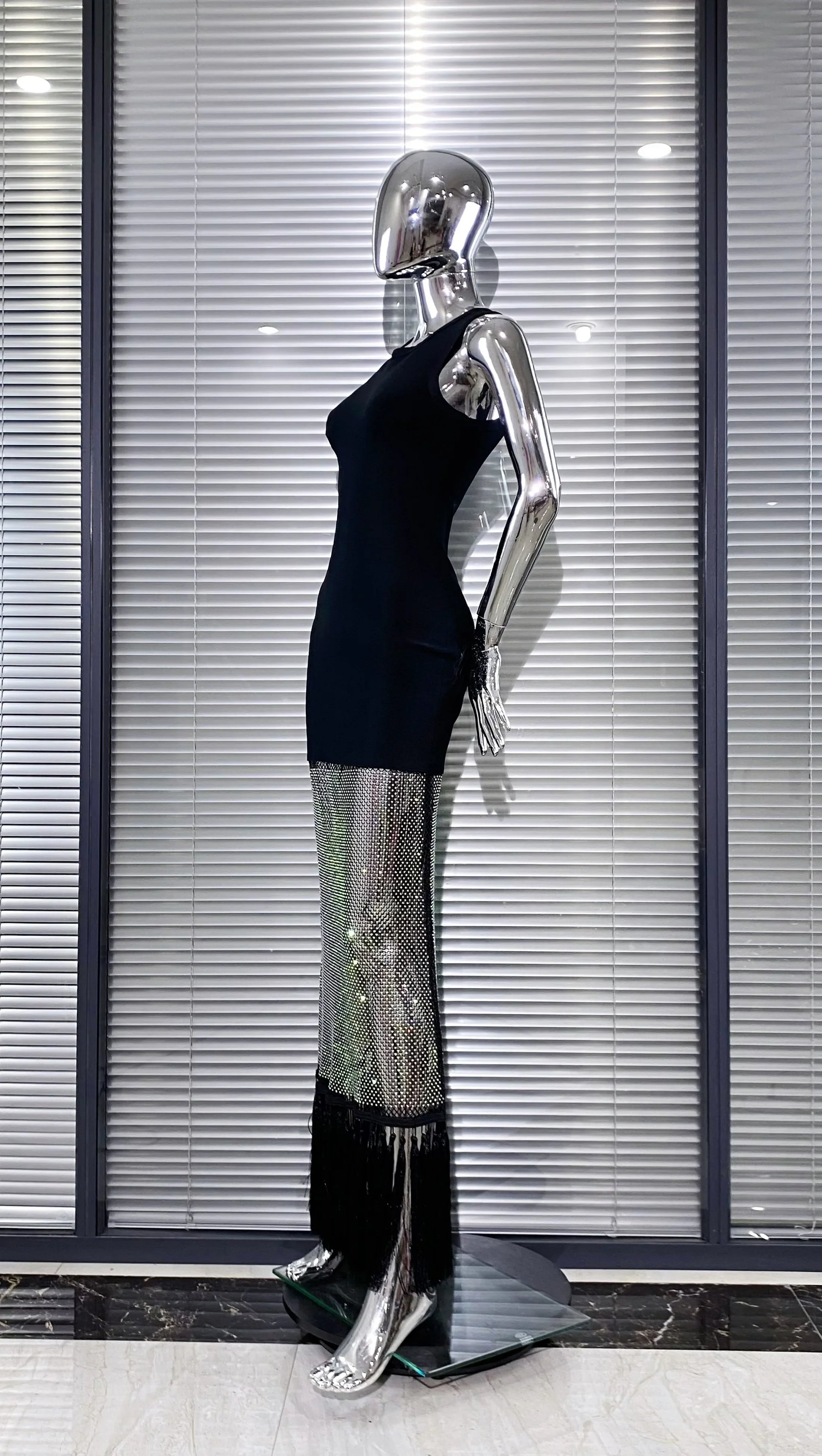 Shining Diamond See Through Mesh Tassels Black Bandage Ankle Length Dress Fashion Woman Party Dress Birthday Party Outfit