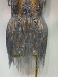 Sparkly Rhinestone Tassels Sexy Mesh See Through Dress Women Evening Party Luxury Birthday Nightclub Perform Stage Costume