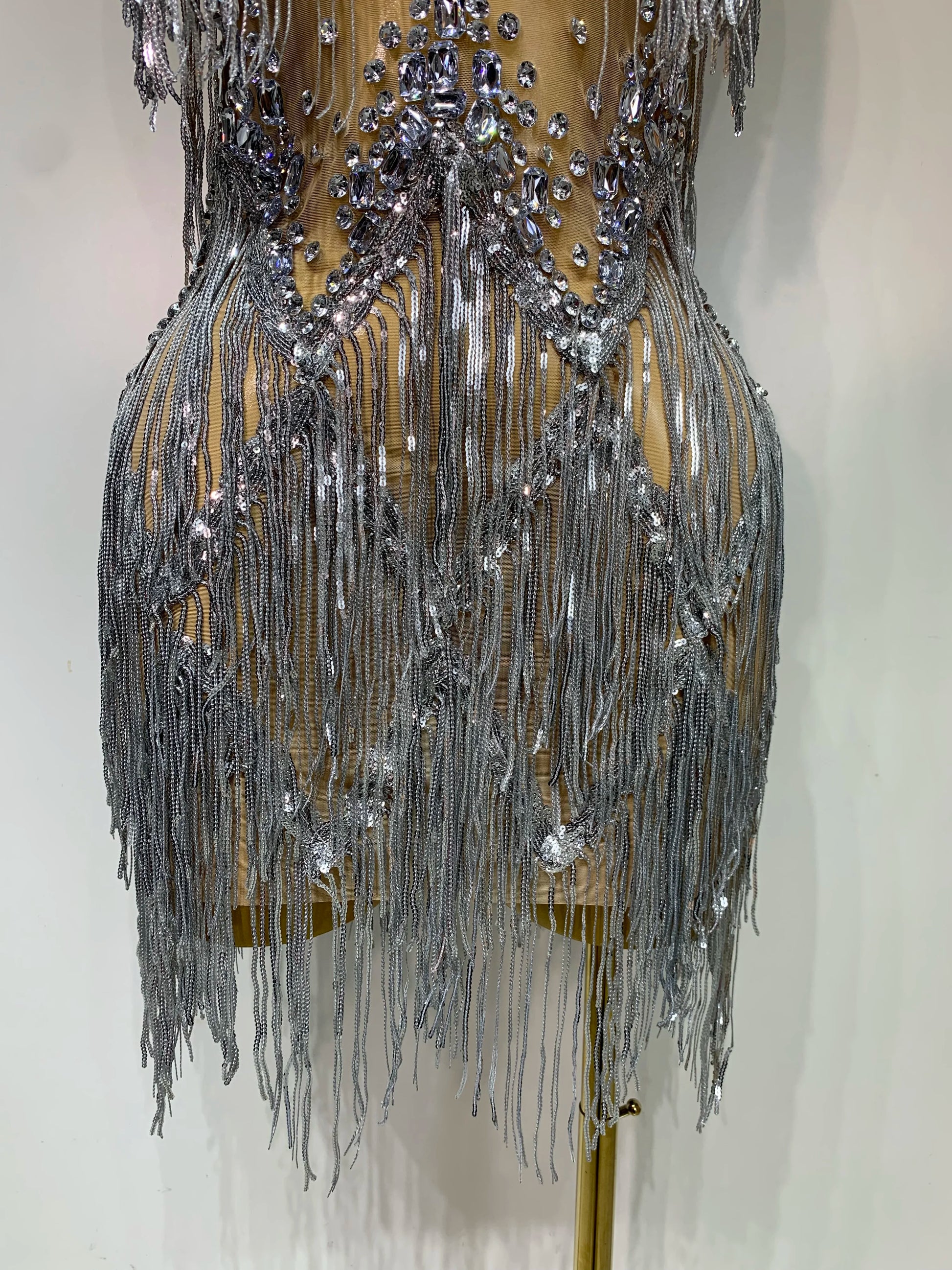 Sparkly Rhinestone Tassels Sexy Mesh See Through Dress Women Evening Party Luxury Birthday Nightclub Perform Stage Costume