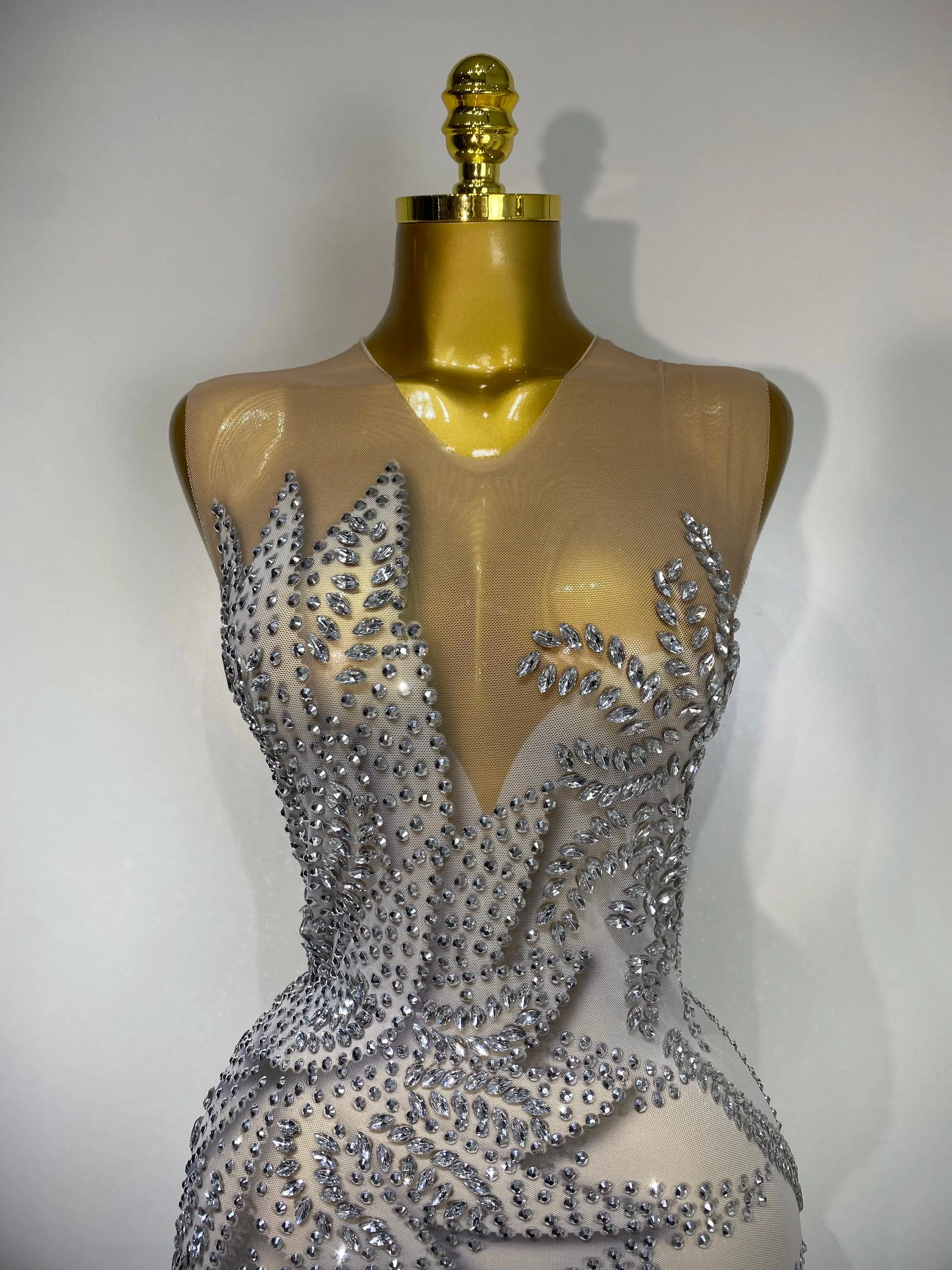 Luxury Rhinestone Sleeveless Silver Long Dress Women Sexy Mesh See Through Evening Prom Birthday Photo Shoot Singer Stage Outfit