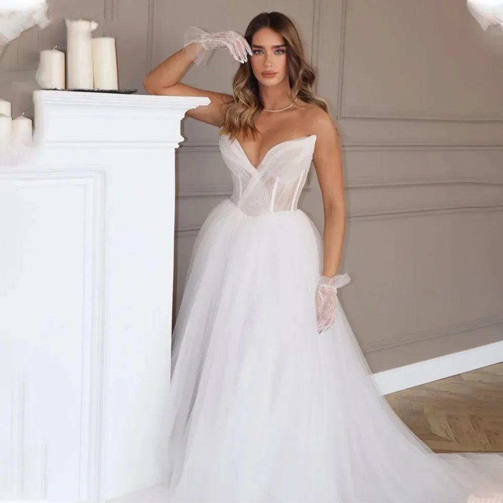 A-Line Long Boho Wedding Dresses Tulle Sleeveless V Neck Brides Party Gowns for Women robe de mariée vestido de novia