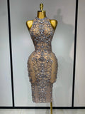 Women Sexy Backless Mesh Crystal Diamonds Performance Costume Stage Dancer See Through Stretchy Nightclub Evenig Party Dresses Khaki