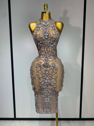 Women Sexy Backless Mesh Crystal Diamonds Performance Costume Stage Dancer See Through Stretchy Nightclub Evenig Party Dresses Khaki