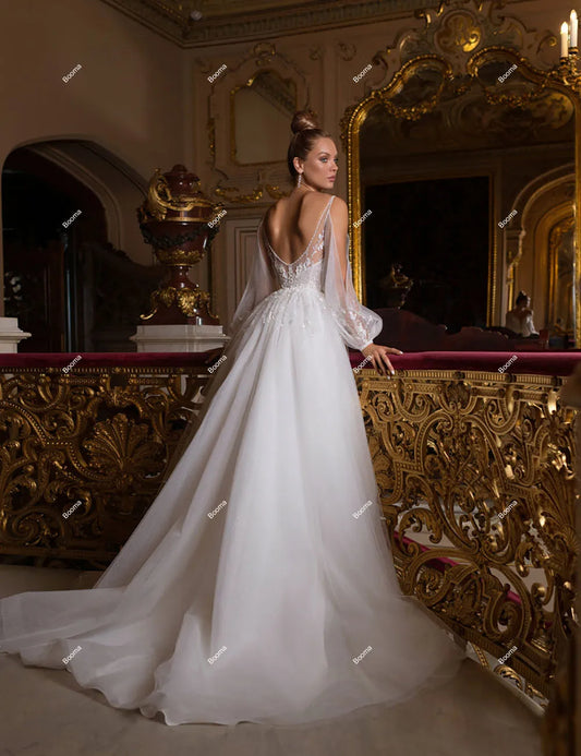 Generous A-Line Wedding Dresses Appliques Sequins Puff Sleeves Brides Party Gowns for Women Elegant Long Bridals Dress
