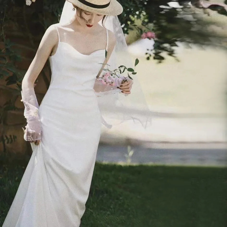 Vestido de novia de satén blanco francés con tirantes para fotos de boda, vestido elegante, Sexy, sin espalda, sencillo, largo, para fiesta de graduación y noche