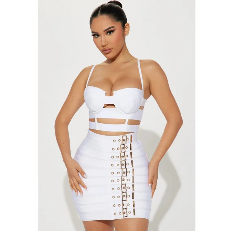 Fashion's Sexy Expose WaistWoman Set Hollow Out Short Spaghetti Strap Top And Blets Mini Skirt 2 Pieces High Street Wear