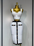 Women Button Patchwork White Black Bodycon Bandage Two Piece Set Designer High Waist Party Club Skirt Set WHITE