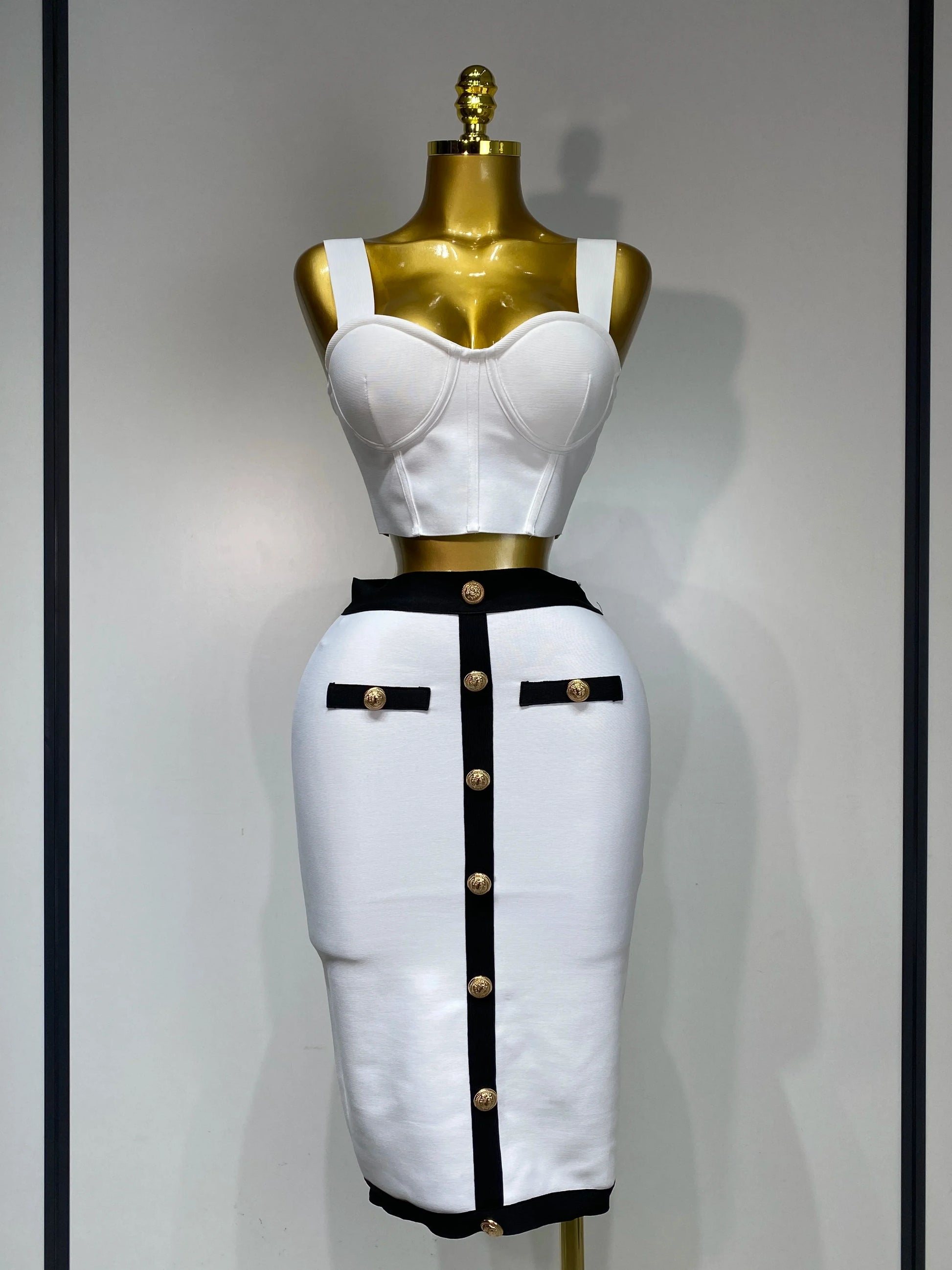 Women Button Patchwork White Black Bodycon Bandage Two Piece Set Designer High Waist Party Club Skirt Set WHITE