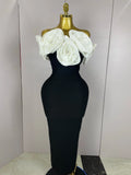 Stereoscopic Red Flowers Sexy Off The Shoulder Ankle Lenght Bandage Dress Woman Birthday Party Vestido Wedding Party Outfit WHITE