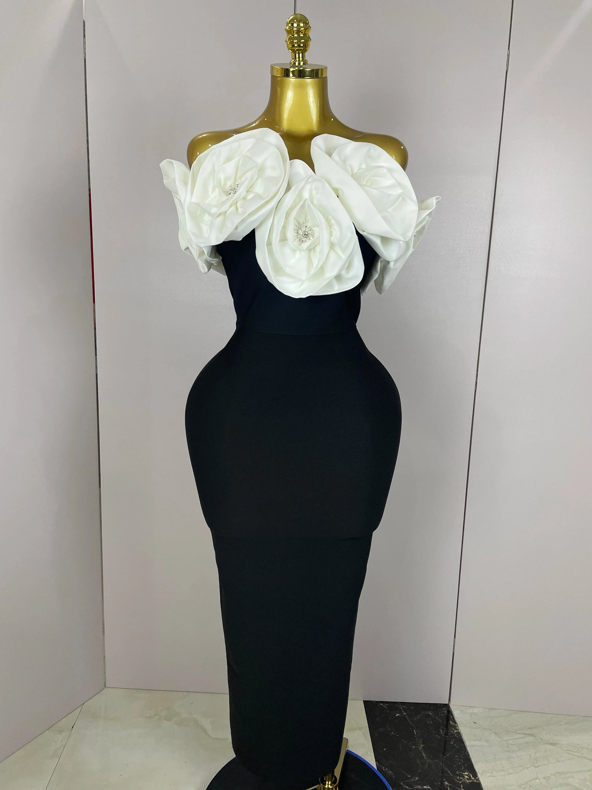 Stereoscopic Red Flowers Sexy Off The Shoulder Ankle Lenght Bandage Dress Woman Birthday Party Vestido Wedding Party Outfit WHITE