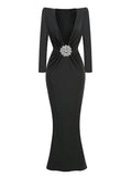 Black Maxi Dresses Women Sexy Deep V Neck Long Sleeves Gowns Runway Party Wear Spring New Fashion black