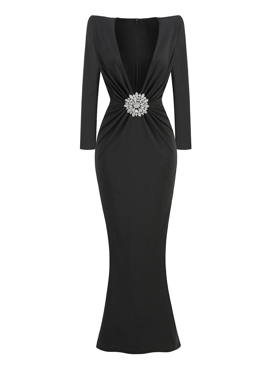 Black Maxi Dresses Women Sexy Deep V Neck Long Sleeves Gowns Runway Party Wear Spring New Fashion black