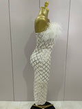 Shinning White Feathers Sequins Straples Bodycon Dress Women Fashion Celebrate Luxury Birthday Party Cocktail Dress