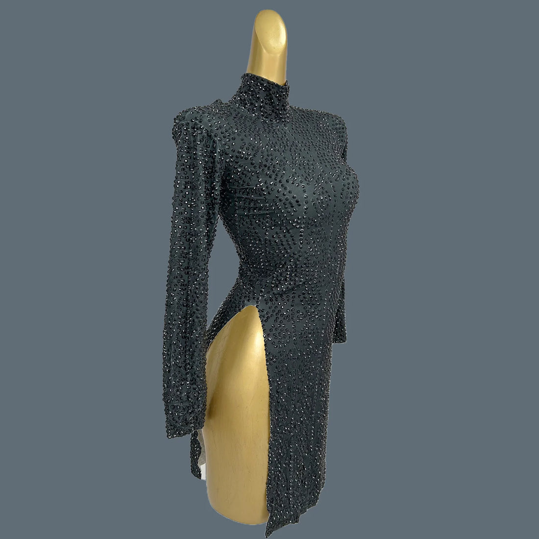 Sparkly Rhinestone High Slit Short Dress for Sexy Women Club Birthday Party Queen Asymmetrical Mini Dress Chic Dress Heizuan black