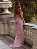 Pink Strapless Mermaid Long Dress Pearls Beaded Structured Flower Detail High Split Mesh Patchwork Bodycon Party Evening Gown