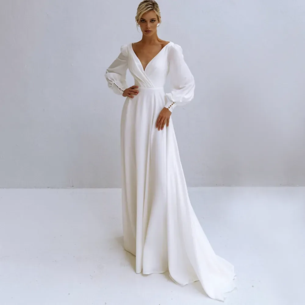 LoveDress V-Neck Wedding Dress Long Sleeve A-Line Pleats Pears Simple Chiffom Bride Gown Backless Zipper Train Vestido De Novia 14w