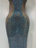 Sparkly Rhinestones Sleeveless Dress Sexy Mesh Transparent Celebrate Evening Wedding Prom Luxury Birthday Dresses Stage Outfit