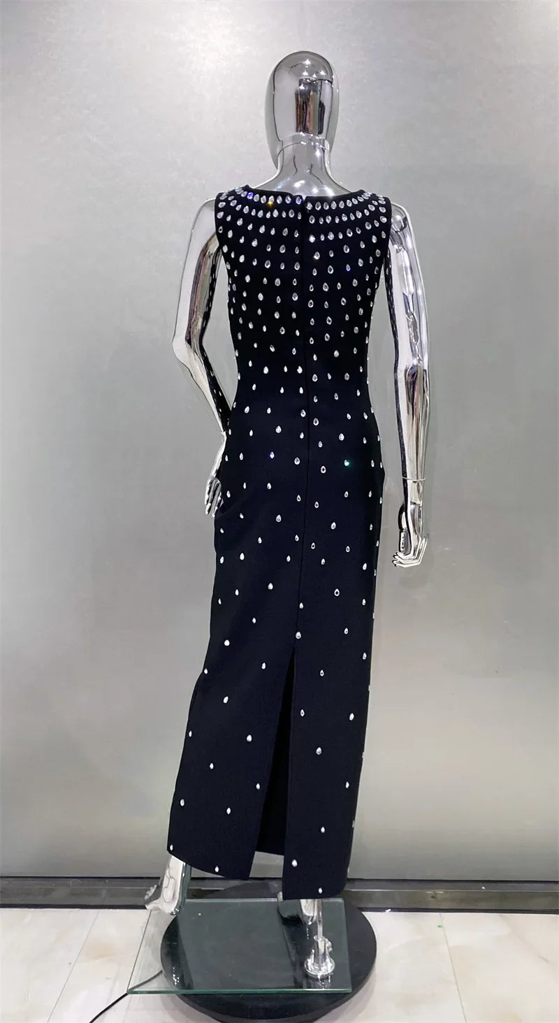 Top Quality Women Sleeveless Sexy O-Neck Shinning Crystal Bodycon Bandage Long Dress Evening Party Celebrate Cocktail Outfit