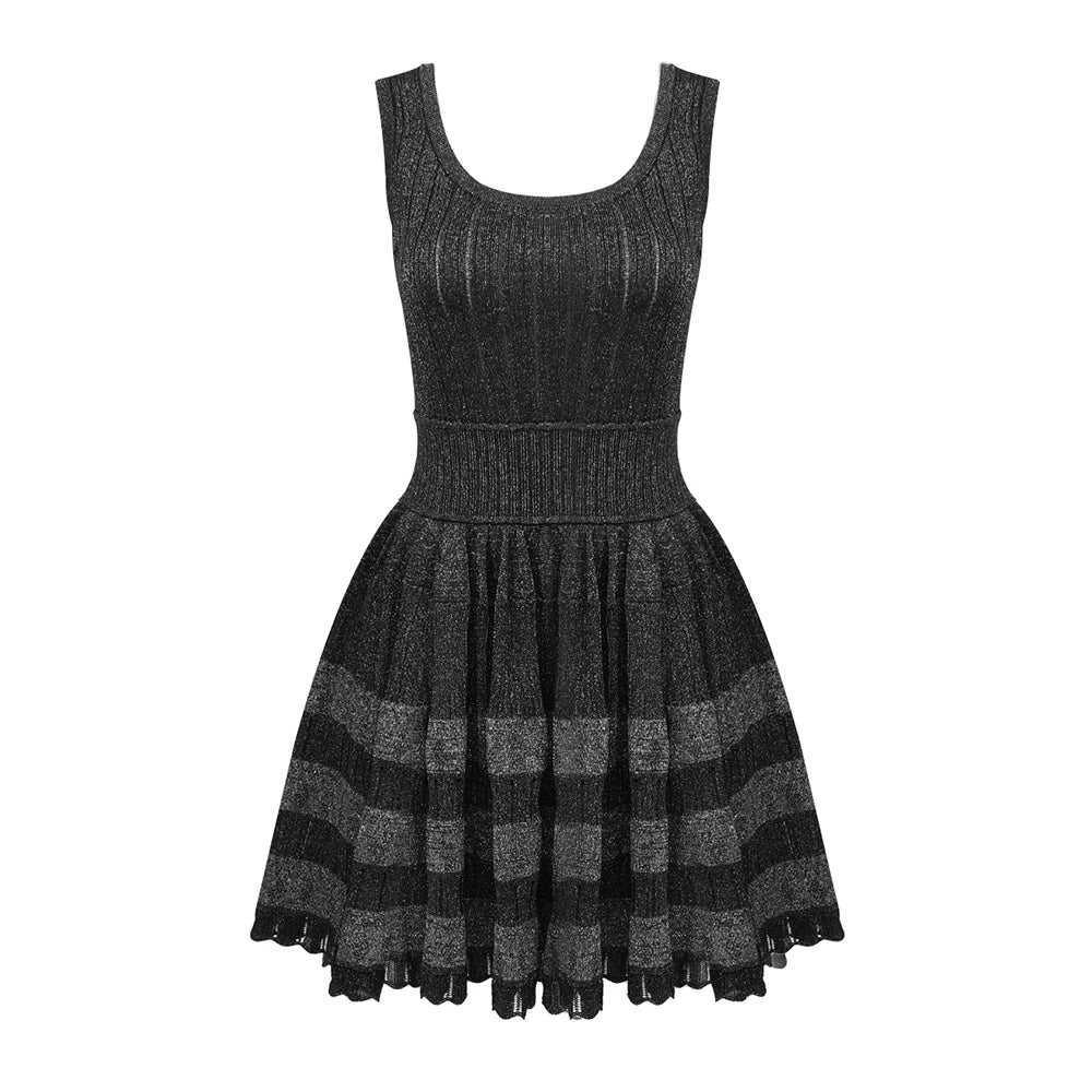 Chic And Elegant Woman Dress High Bodycon Strecth Sparkle Metal A-Line Dresses New Summer Casual Outwear black