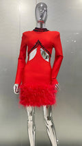 Gorgeous Feathers Sexy Hollow Out Red Mini Bandage Dress Fashion Woman Evening Dress Merry Christmmas Party Outfit Red