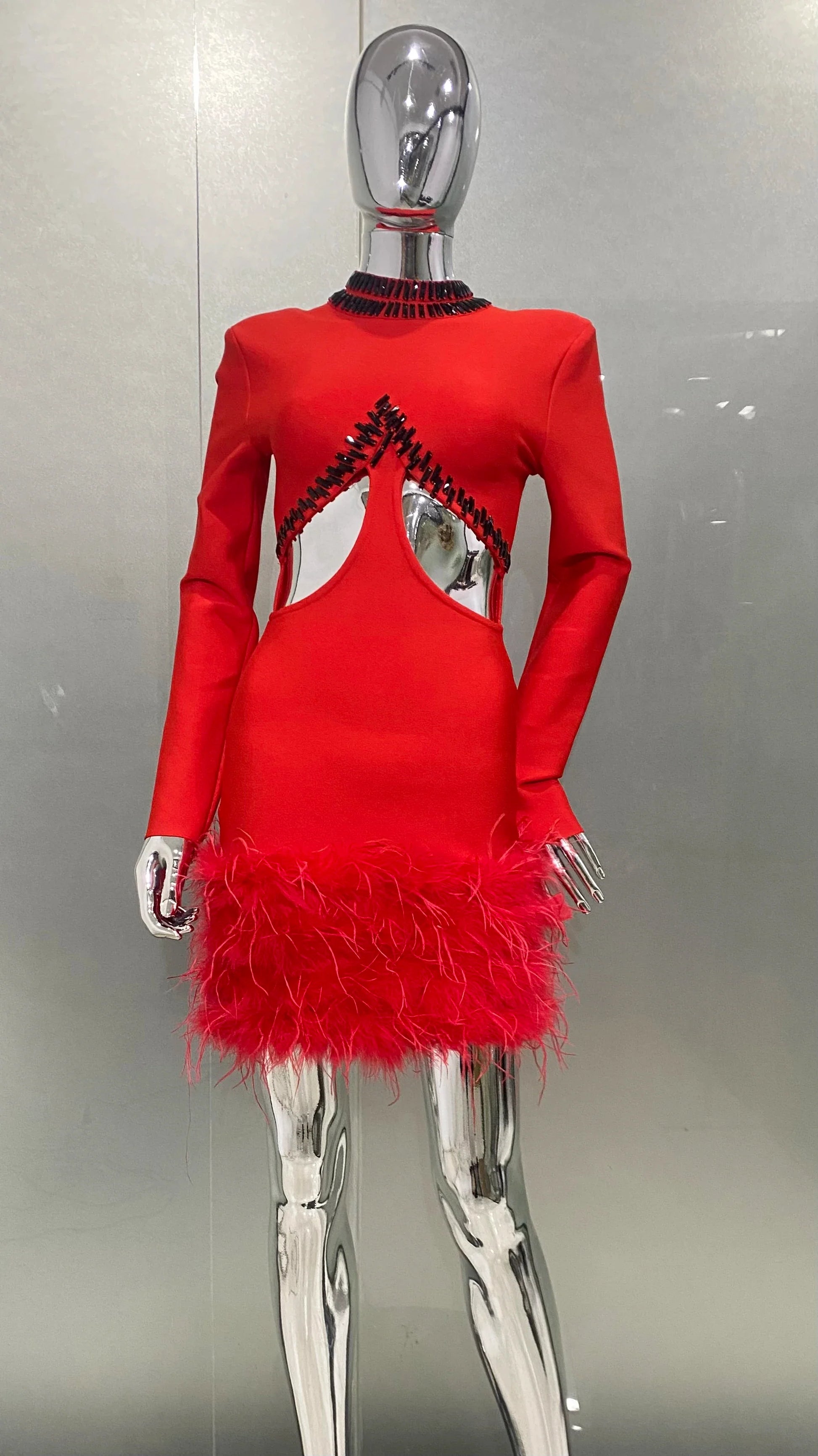 Gorgeous Feathers Sexy Hollow Out Red Mini Bandage Dress Fashion Woman Evening Dress Merry Christmmas Party Outfit Red