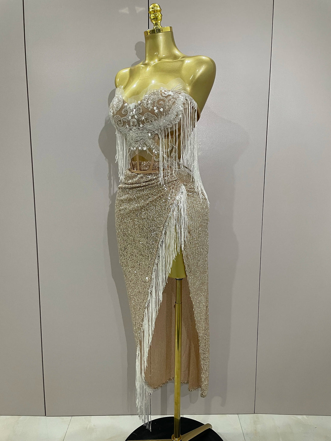 Sexy Luxury Sparkly Sequin Tassel Two Piece Set Women Evening Party Birthday Singer Performan Costume Nightclub Girl Outfit Khaki