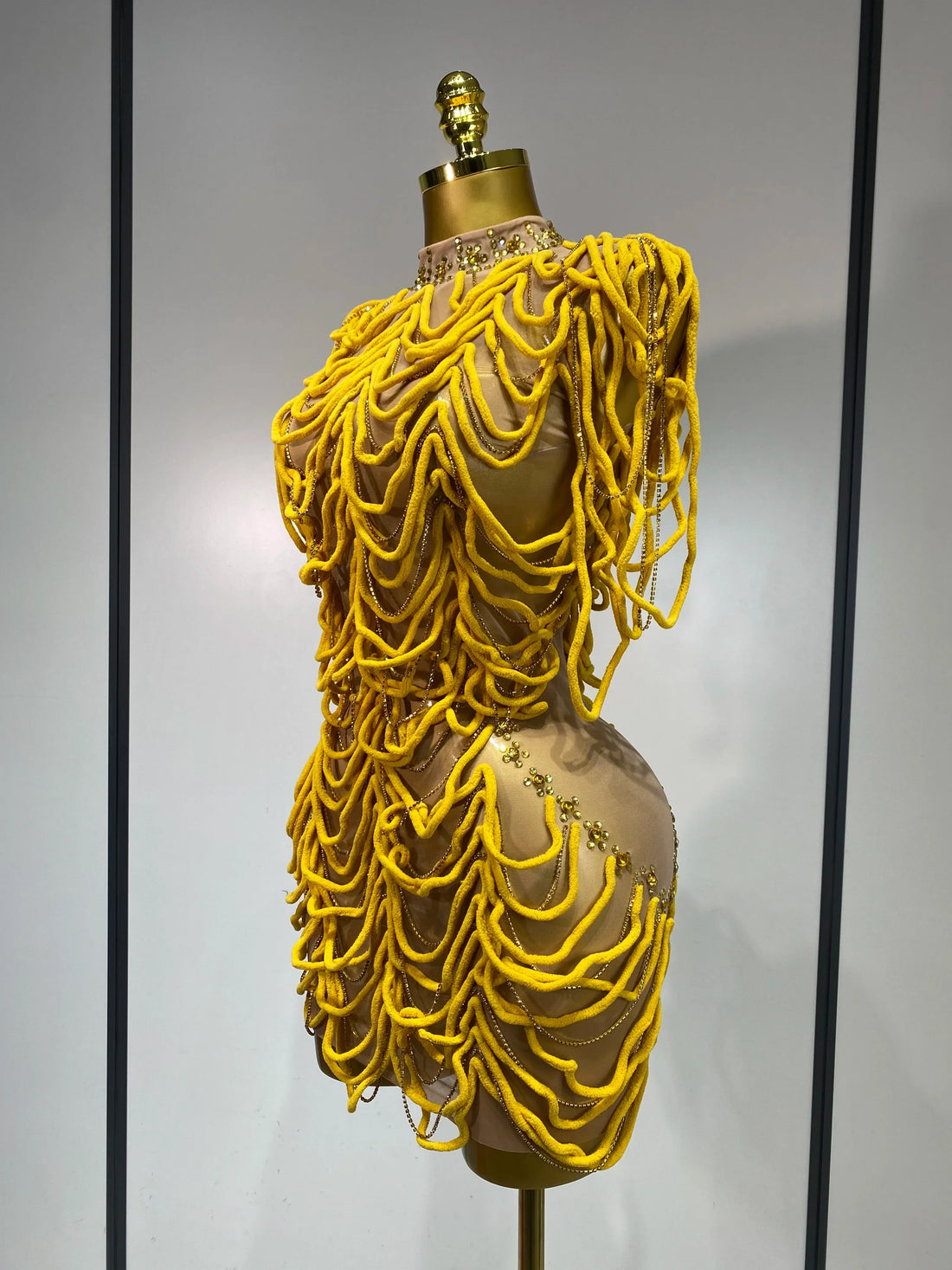 Women Sexy Mesh See Through Designer Rhinestones Chain Stage Performance Costume Nightclub Celebrate Party Luxury Birthday Dress Yellow