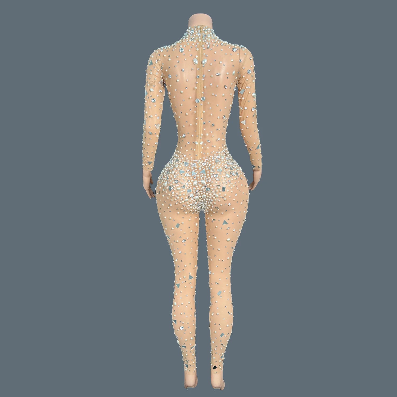 Women Mesh Geometric Sequins Long Sleeved Stretch Tight Jumpsuit Bar Nightclub DJ Female Singer Stage Performance Clothing Didi