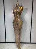 Luxury Rhinestone Sparkly Sexy Transparent Mesh Long Dress Women Birthday Party Gown Stage Singer Performance Costume